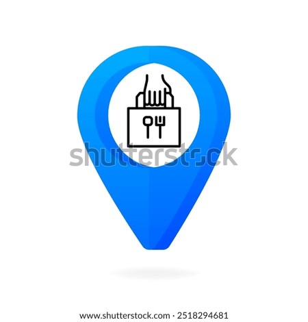 Take Away Food icon. Map point. Hand and paper bag sign. Takeaway service. Vector illustration.