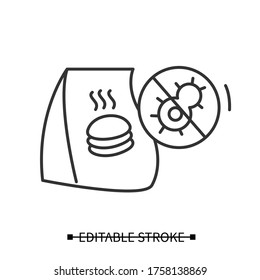 take away food icon. Take out restaurant food craft burger bag with corona virus stop sign. Concept line pictogram for contact less safe express cafe order delivery service during covid pandemic.