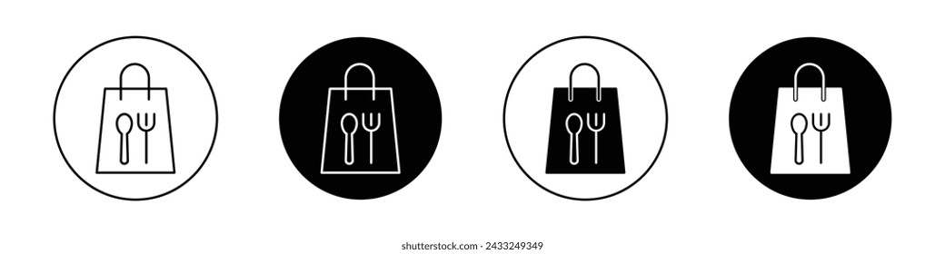 Take Away Food Icon Set. Takeout hand and meal vector symbol in a black filled and outlined style. Quick Meals Sign.