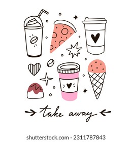 Take away food illustrations. Hand drawn food clipart: coffee cup, ice cream, pizza