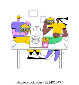 Take away food isolated cartoon vector illustrations. Couple eating takeaway food and drinks at home, people lifestyle, online grocery shopping, products delivery process vector cartoon.