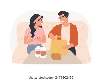 Take away food isolated cartoon vector illustrations. Couple eating takeaway food and drinks at home, people lifestyle, online grocery shopping, products delivery process vector cartoon.