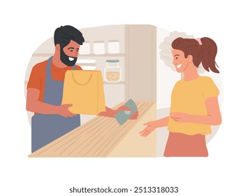 Quite las Ilustraciones vectoriales aisladas de la historieta de la comida. Trabajador de restaurante de comida rápida da una comida para llevar al Cliente, sector de servicios, negocio horeca, comida en paquetes de dibujos animados de Vector.