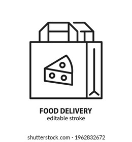 Take away food line icon. Paper bag sign with food and drink. Delivery service vector symbol. Editable stroke.