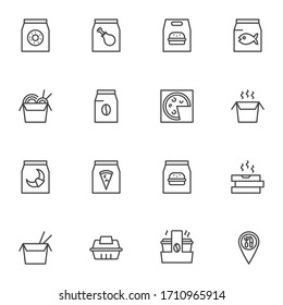 Take away food line icons set, Fast food delivery outline vector symbol collection, linear style pictogram pack. Signs, logo illustration. Set includes icons as pizza, coffee, noodles, dessert, donut