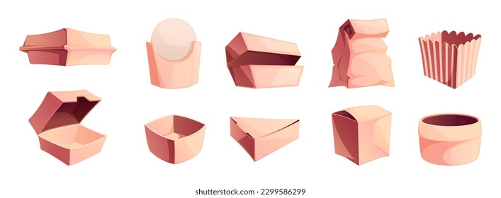 Take away food package. Empty fastfood cardboard packaging mockup with handle, disposable paper carton packaging for delivery takeout. Vector illustration. Bags for lunch meal service