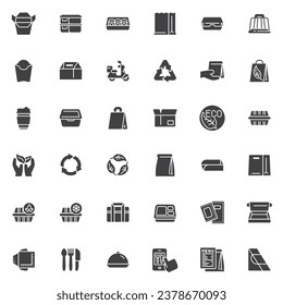 Take away food package vector icons set, modern solid symbol collection, filled style pictogram pack. Signs, logo illustration. Set includes icons  as lunch box, delivery bag, cardboard burger pack