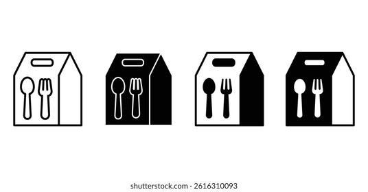 Take Away Food Packaging Icon Set Black and White Utensils Vector Design Illustration