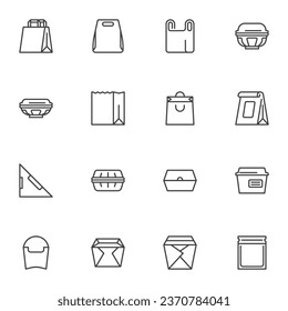 Take away food packaging line icons set, outline vector symbol collection, linear style pictogram pack. Signs, logo illustration. Set includes icons as paper bag, cardboard box, sandwich pack