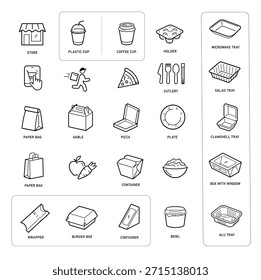 Quite los iconos del sistema del empaquetado de los alimentos. Elementos de Vector para infografías. Conjunto de signos para directrices detalladas. Listo para su diseño. EPS10.