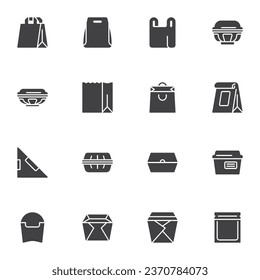 Sacar el empaque de alimentos conjunto de iconos vectoriales, colección moderna de símbolos sólidos, paquete de pictogramas estilo relleno. Señales, ilustración del logotipo. El juego incluye iconos como bolsa de papel, caja de cartón, paquete de emparedados