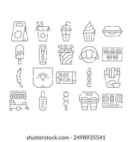 Take Away Food Service Collection Icons Set Vector. Pizza And Sushi, Donuts And Ice Cream, Croissant And Tanghulu, Food And Drink Black Contour Illustrations