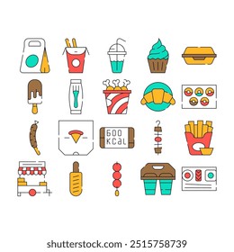 Take Away Food Service Collection Icons Set Vector. Pizza And Sushi, Donuts And Ice Cream, Croissant And Tanghulu, Food And Drink color Contour Illustrations