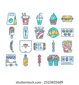 take away food service doodle icons set vector. sketch line art pizza and sushi, donuts and ice cream, croissant and tanghulu, food and drink color illustrations