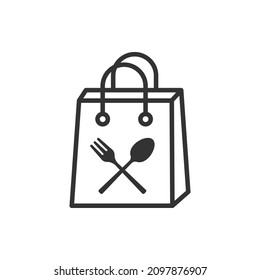 Take away food. Spoon and fork on paper bag icon design isolated on white background. Vector illustration
