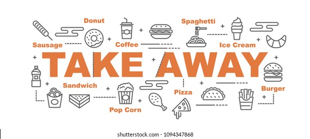 take away food vector banner design concept, flat style with icons