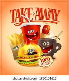 Take away food, vector banner template with funny food personages