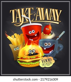 Take away food, vector chalkboard banner template with funny food personages