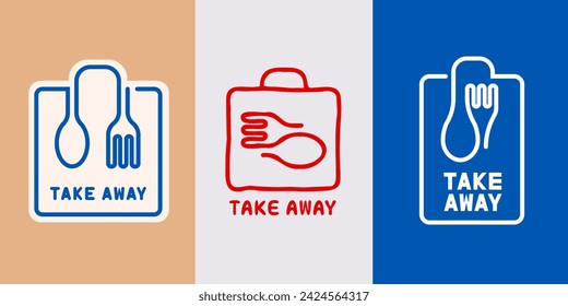 Take away food vector icon. Set of simple line art design of spoon and fork for takeout bag delivery.