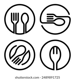 Take away food vector icon. Set of simple line art design of spoon and fork for takeout bag delivery.