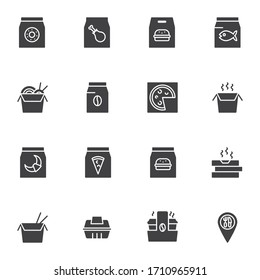 Take away food vector icons set, modern solid symbol collection, Fast food delivery filled style pictogram pack. Signs, logo illustration. Set includes icons as pizza, coffee, noodles, dessert, donut