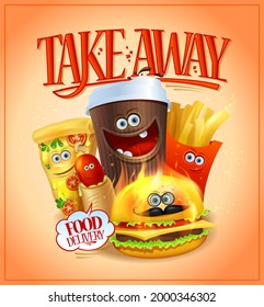 Take away food, vector poster mockup with funny food