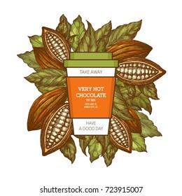 Take away hot chocolate design template. Cocoa cup and leaves. Vector illustration