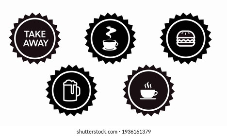 Take away icon set. Set of take away badges or seals, with coffe cups, burger and beer icons