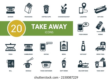 Take Away icon set. Contains editable icons take away theme such as packaging, chicken bucket, hot dog and more.