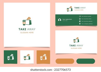 Take away logo design with editable slogan. Branding book and business card template.