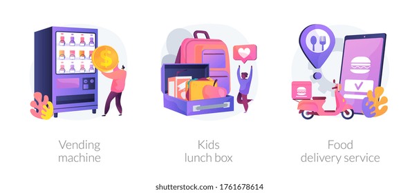 Take away lunch and snack abstract concept vector illustration set. Vending machine, kids lunch box, food delivery service, healthy snack, online menu, nutrition, takeaway coffee abstract metaphor.