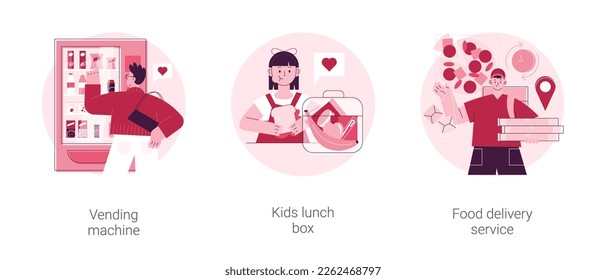 Take away lunch and snack abstract concept vector illustration set. Vending machine, kids lunch box, food delivery service, healthy snack, online menu, nutrition, takeaway coffee abstract metaphor.