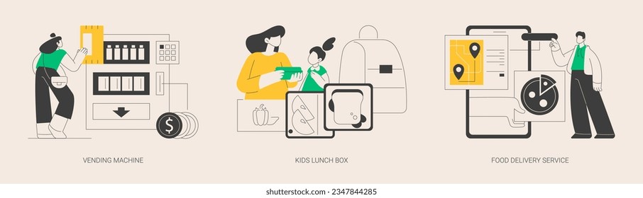 Take away lunch and snack abstract concept vector illustration set. Vending machine, kids lunch box, food delivery service, healthy snack, online menu, nutrition, takeaway coffee abstract metaphor.