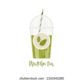 Take away matcha cup with label and inscription. Transparent plastic cup, handwritten calligraphy lettering isolated on white. Healthy Detox drink. Colored vector illustration for Icon, logo.