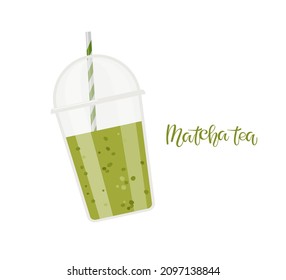 Take away matcha cup. Transparent plastic cup with spherical lid and straw and Matcha tea calligraphy lettering isolated on white. Healthy beverage. Detox drink. Flat vector for Icon, logo.