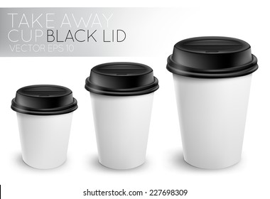 Take away paper cup for drinks white with black plastic cap.