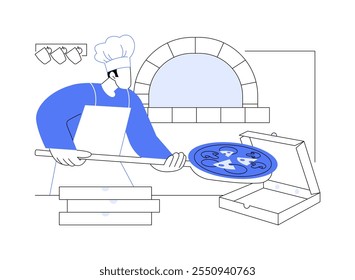 Take away pizza isolated cartoon vector illustrations. Chef packages pizza for takeaway, service sector, horeca business, dish delivery service, traditional italian meal vector cartoon.