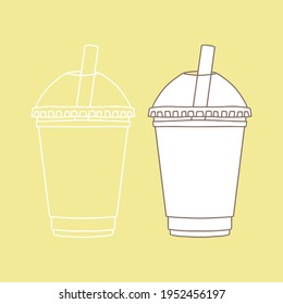 Sacar una taza de plástico con una burla de paja. Lineal, vector realista. Ilustración de stock de esquema.