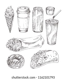 Take away refreshing and bracing drink, sweet ice cream cone and donut, taco fast food with sauce and burrito icon set in sketch style for bistro.