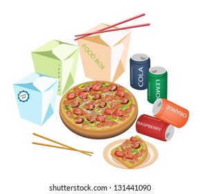 Take Away Restaurants, An Illustration of Take Out Food, Chinese Food Boxes, Pizzas and Soda Drinks Isolated on White Background