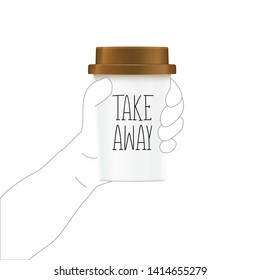 Take Away Retro Vintage Style Hand Holds A Cup Of Coffee. EPS10 Vector