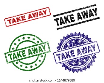TAKE AWAY seal prints with damaged surface. Black, green,red,blue vector rubber prints of TAKE AWAY label with grunge surface. Rubber seals with round, rectangle, rosette shapes.
