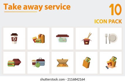 Take Away Service icon set. Collection of simple elements such as the takeaway coffee, takeaway food, containers, wok, burger packaging, lunch box, take out.