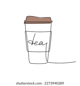 Take away tea paper cup one line continuous drawing. Vector illustration. Hand drawn linear silhouette icon. Minimal design element for print, banner, card, wall art poster, brochure, shop logo.