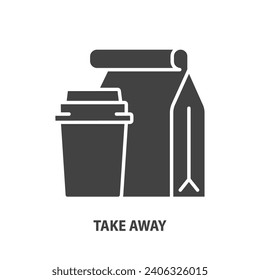 Take away vector concept. Package with food and paper cup glyph icon. 