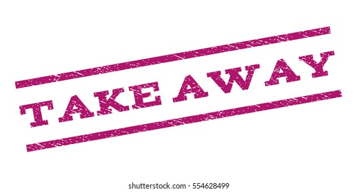Take Away watermark stamp. Text tag between parallel lines with grunge design style. Rubber seal stamp with dirty texture. Vector purple color ink imprint on a white background.