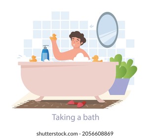 Take bath concept. Boy washing in bathroom. Personal hygiene. Foam for cleansing skin. Daily routine. Child plays with rubber ducks. Cartoon flat vector illustration isolated on white background