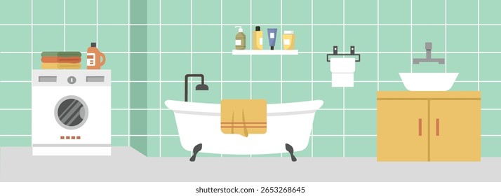 Tome uma banheira. Toalha pendurada. Máquina de lavar. Banheiro moderno. WC. Banheiro. Quarto de descanso. Hora do chuveiro. Banheira moderna