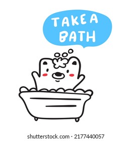 Beba. Pequeño oso en el baño. Ilustración de esquema sobre fondo blanco.