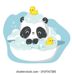 take a bath panda bear Hand drawn cute rubber yellow duck  vector illustration 